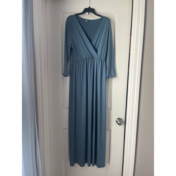 Mother Bee Dusty Blue Maternity Dress Floor Length Size Large 3/4 Length Sleeve - Picture 1 of 4